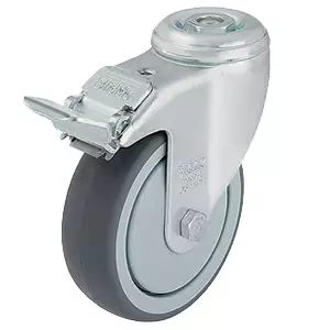 Аппаратное колесо для покупательских тележек 150 мм (под болт, поворотное, с с тормозом, полиурет., пласт. обод)